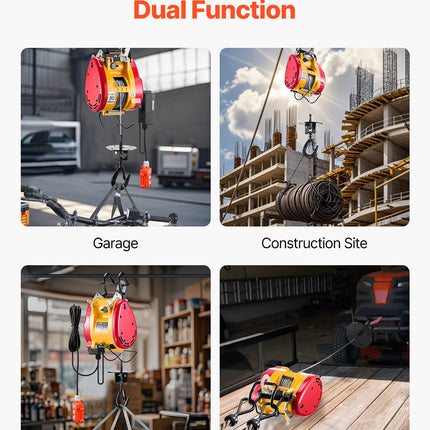 2-in-1 Electric Hoist Winch, 500 KG Capacity, 1800W Portable Power Winch, 30 m Lifting Height, 11 m/min with Wire and Wireless Remote Control, for Garage, Warehouse, Factory Lifting Towing