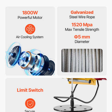 2-in-1 Electric Hoist Winch, 500 KG Capacity, 1800W Portable Power Winch, 30 m Lifting Height, 11 m/min with Wire and Wireless Remote Control, for Garage, Warehouse, Factory Lifting Towing