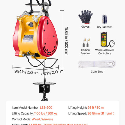 2-in-1 Electric Hoist Winch, 500 KG Capacity, 1800W Portable Power Winch, 30 m Lifting Height, 11 m/min with Wire and Wireless Remote Control, for Garage, Warehouse, Factory Lifting Towing