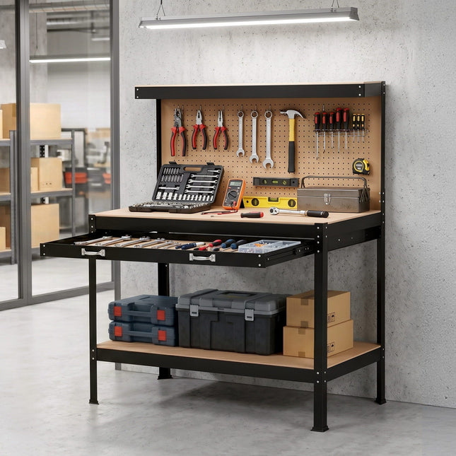 Giantz Workbench with Pegboard and Ultra-Wide 120cm Work Table for Garage DIY 20 Hooks WKB-S-0122-BK