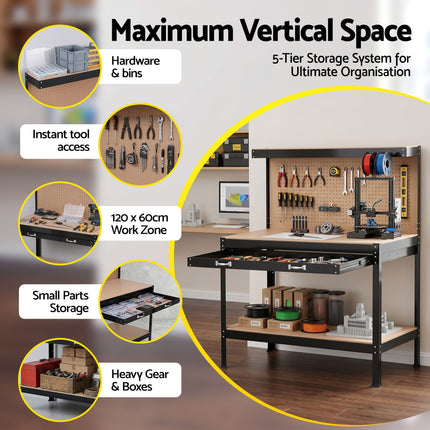 Giantz Workbench with Pegboard and Ultra-Wide 120cm Work Table for Garage DIY, 20 Hooks