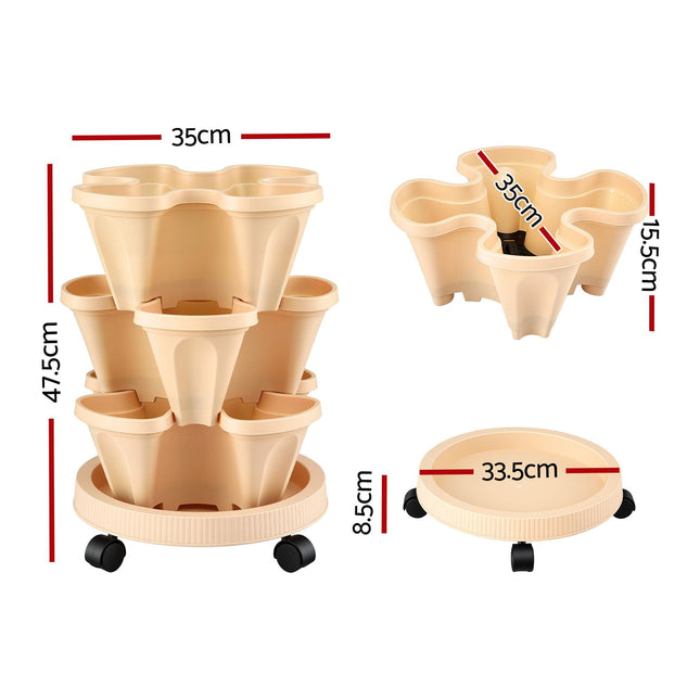 Green Fingers 3 Tier Stackable Vertical Planter Tower Strawberry Pot Wheels Beige – product detail
