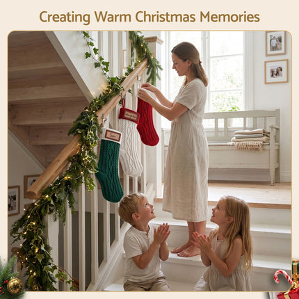 Jingle Jollys 3PCS Personalized Christmas Stockings with Leather Patches, 16 Inch Knitted Contrast Colour Xmas Hanging Decor For Fireplace Mantel, Christmas Tree, Home Decoration & Holiday Party Displays