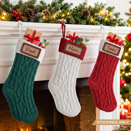 Jingle Jollys 3PCS Personalized Christmas Stockings with Leather Patches, 16 Inch Knitted Contrast Colour Xmas Hanging Decor For Fireplace Mantel, Christmas Tree, Home Decoration & Holiday Party Displays