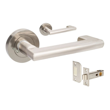 10002.BN | Epic Return Door Lever Handle on Round Rose Privacy Set Brushed Nickel | Zanda Architectural
