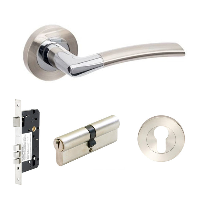 Luxe Door Lever Handle on Round Rose Entrance Set 60mm Key/Key Brushed Nickel/Chrome Plate Zanda | Decorus Hardware