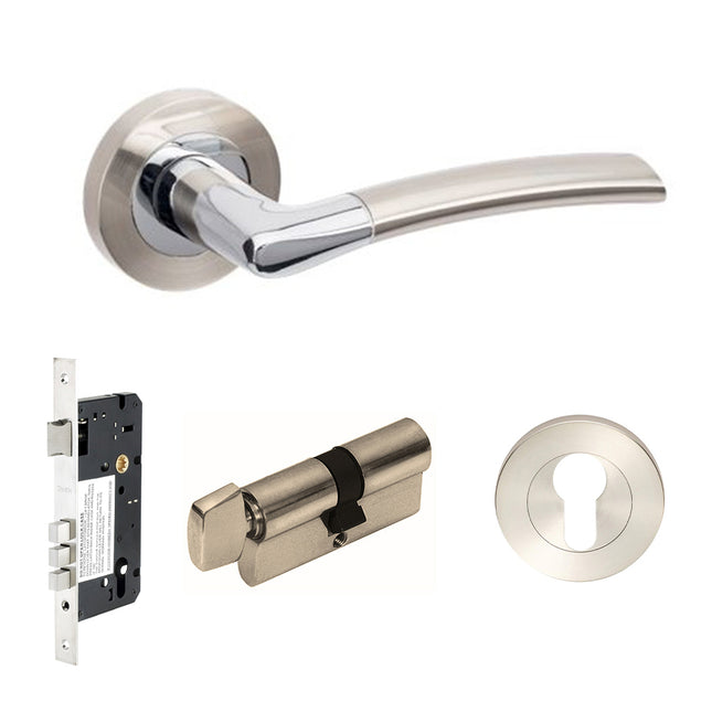 10014.4.BN/CP | Luxe Door Lever Handle on Round Rose Entrance Set 70mm Key/Turn Brushed Nickel/Chrome Plate | Zanda Architectural
