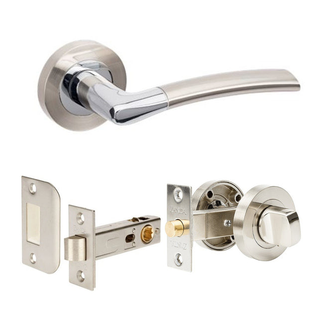 Luxe Door Lever Handle on Round Rose Separate Privacy Brushed Nickel/Chrome Plate 10016.BNCP Zanda | Decorus Hardware