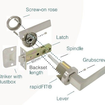 10021.SB | Epic Door Lever Handle on Round Rose Passage Set Satin Brass | Zanda Architectural