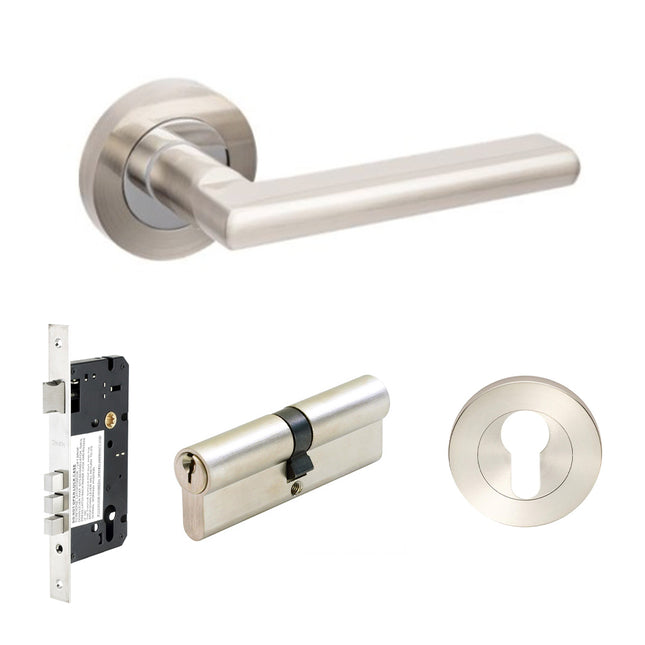 Epic Door Lever Handle on Round Rose Entrance Set 60mm Key/Key Brushed Nickel/Chrome Plate Zanda | Decorus Hardware