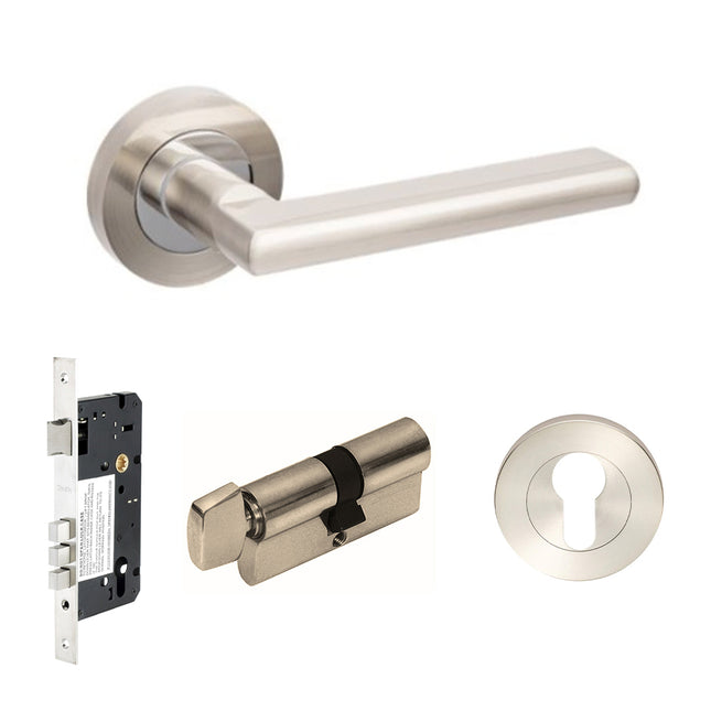 Epic Door Lever Handle on Round Rose Entrance Set 60mm Key/Turn Brushed Nickel/Chrome Plate Zanda | Decorus Hardware