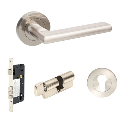 10024.2.BN | Epic Door Lever Handle on Round Rose Entrance Set 60mm Key/Turn Brushed Nickel | Zanda Architectural