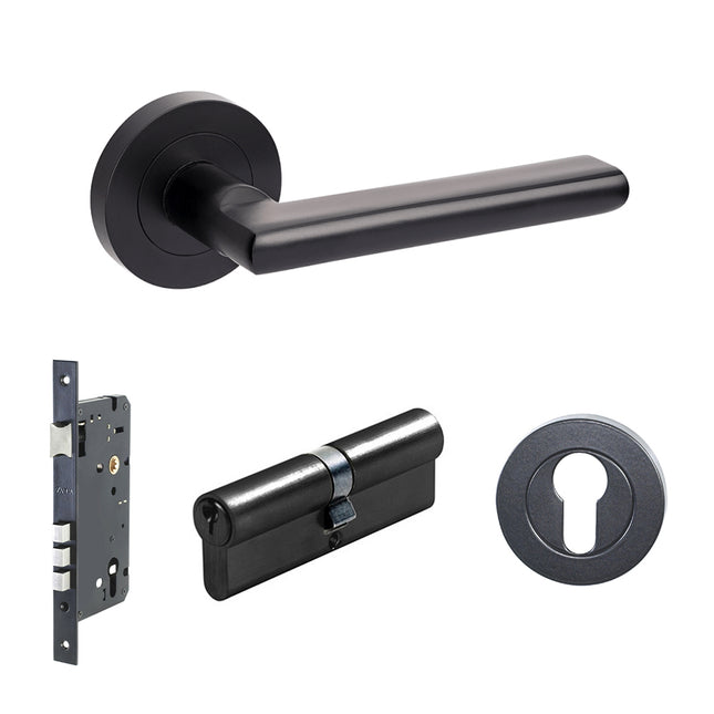 Epic Door Lever Handle on Round Rose Entrance Set 70mm Key/Key Matt Black 100243.BLK Zanda | Decorus Hardware