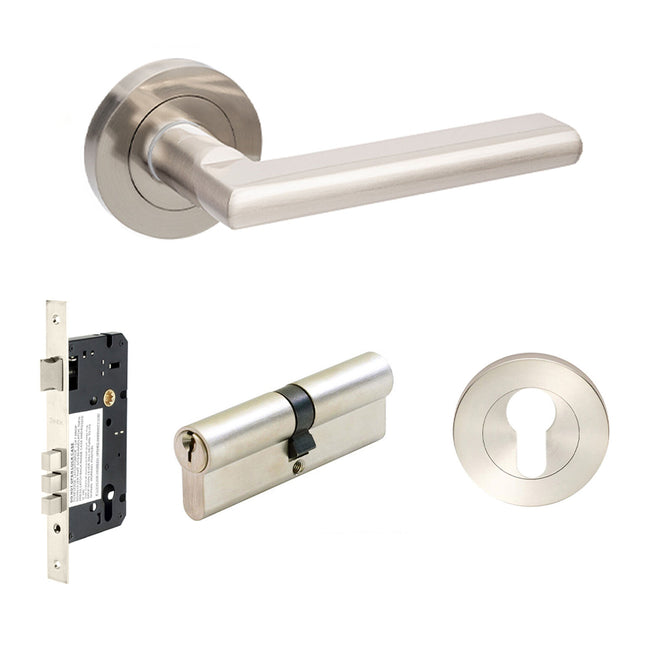 Zanda Door Handle | Designer Lever & Handle Set | Epic Door Lever Handle on Round Rose Entrance Set 70mm Key/Key Brushed Nickel 10024.3.BN