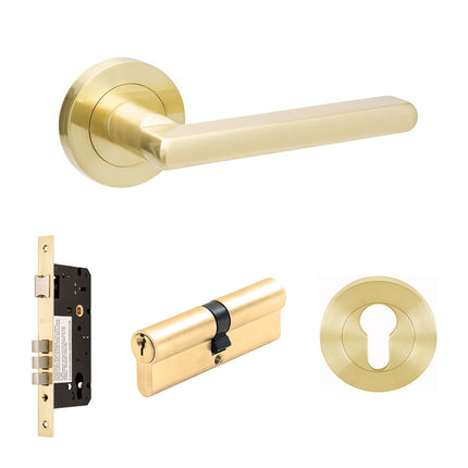 10024.3.SB | Epic Door Lever Handle on Round Rose Entrance Set 70mm Key/Key Satin Brass 100243.SB | Zanda Architectural