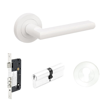 Epic Door Lever Handle on Round Rose Entrance Set 70mm Key/Key 100243.WHT Zanda | Decorus Hardware