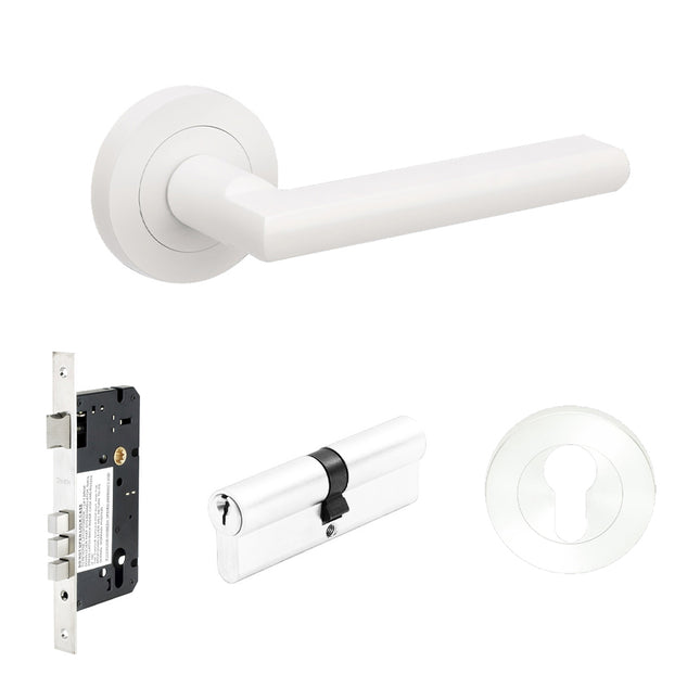 Epic Door Lever Handle on Round Rose Entrance Set 70mm Key/Key 100243.WHT Zanda | Decorus Hardware
