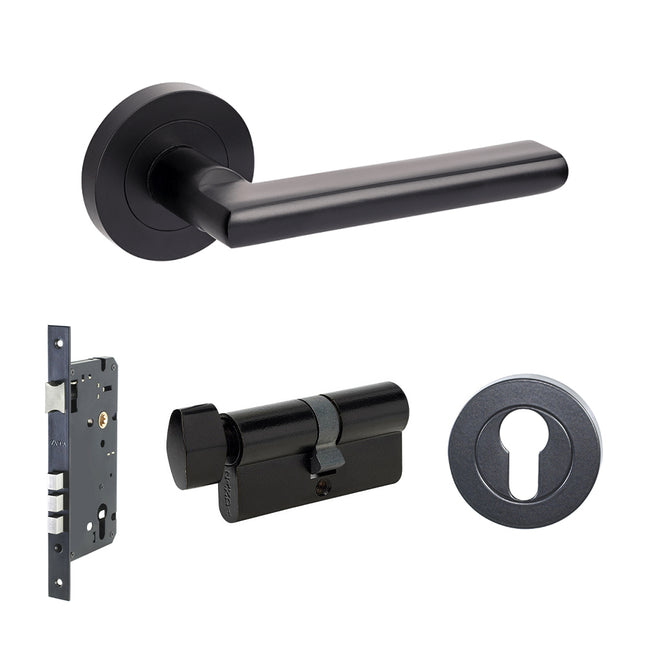 Epic Door Lever Handle on Round Rose Entrance Set 70mm Key/Turn Matt Black 100244.BLK Zanda | Decorus Hardware