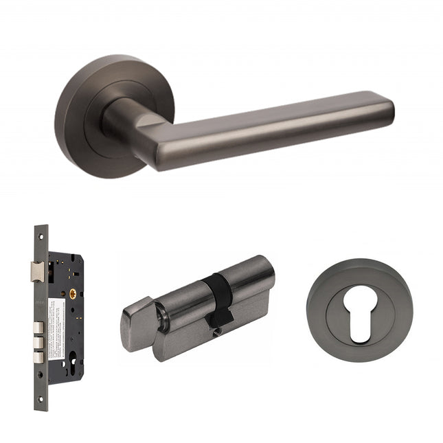 Epic Door Lever Handle on Round Rose Entrance Set 70mm Key/Turn Graphite Nickel 100244.GN Zanda | Decorus Hardware