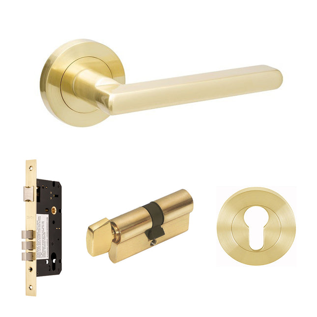 Epic Door Lever Handle on Round Rose Entrance Set 70mm Key/Turn Satin Brass 100244.SB Zanda | Decorus Hardware