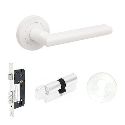 Epic Door Lever Handle on Round Rose Entrance Set 70mm Key/Turn 100244.WHT Zanda | Decorus Hardware