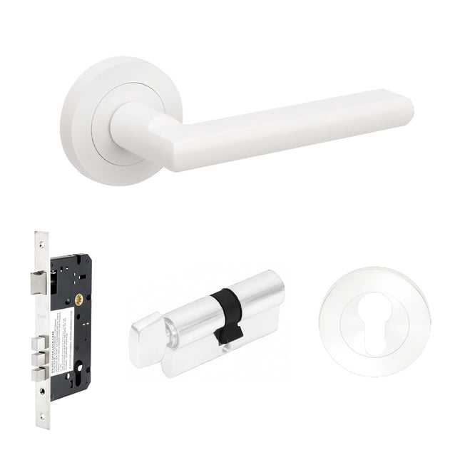 Epic Door Lever Handle on Round Rose Entrance Set 70mm Key/Turn 100244.WHT Zanda | Decorus Hardware