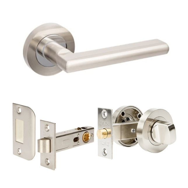 Epic Door Lever Handle on Round Rose Separate Privacy Brushed Nickel/Chrome Plate 10026.BNCP Zanda | Decorus Hardware
