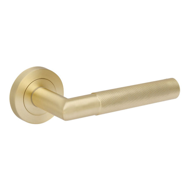 10030.SB | Vertex Door Lever Handle on Round Rose Leverset Only Satin Brass | Zanda Architectural