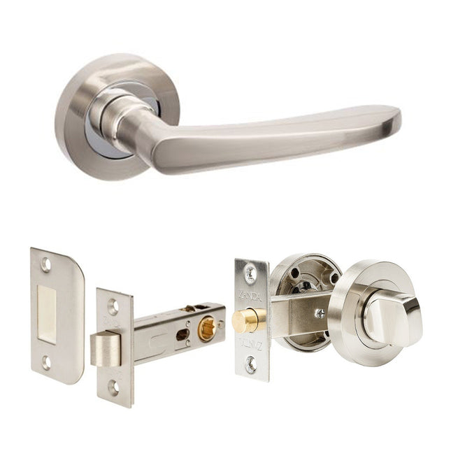 Stride Door Lever Handle on Round Rose Separate Privacy Brushed Nickel/Chrome Plate 10046.BNCP Zanda | Decorus Hardware