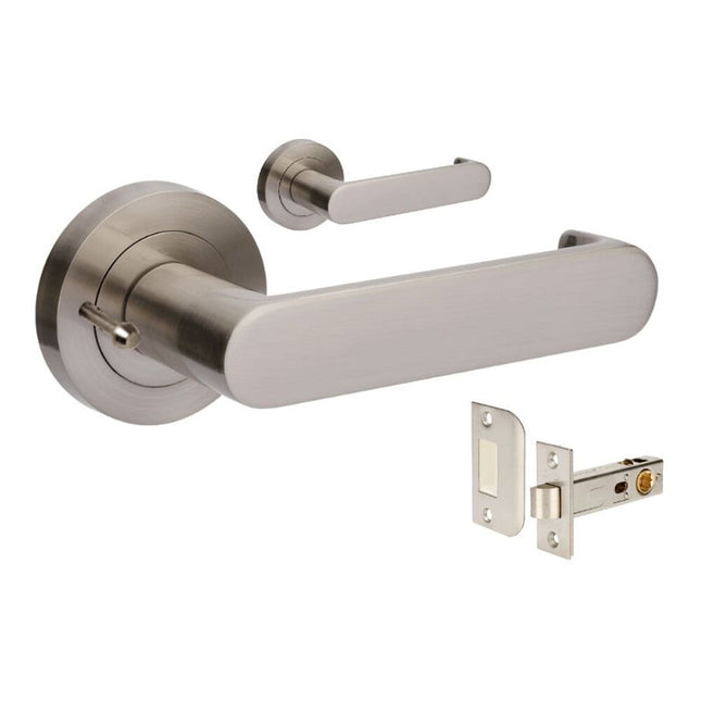 10052.BN | Duke Return Door Lever Handle on Round Rose Privacy Set Brushed Nickel | Zanda Architectural