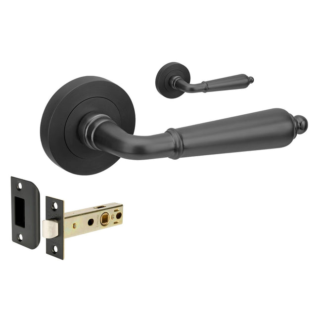 Oxford Door Lever Handle on Round Rose Passage Set Black 10071.BLK Zanda