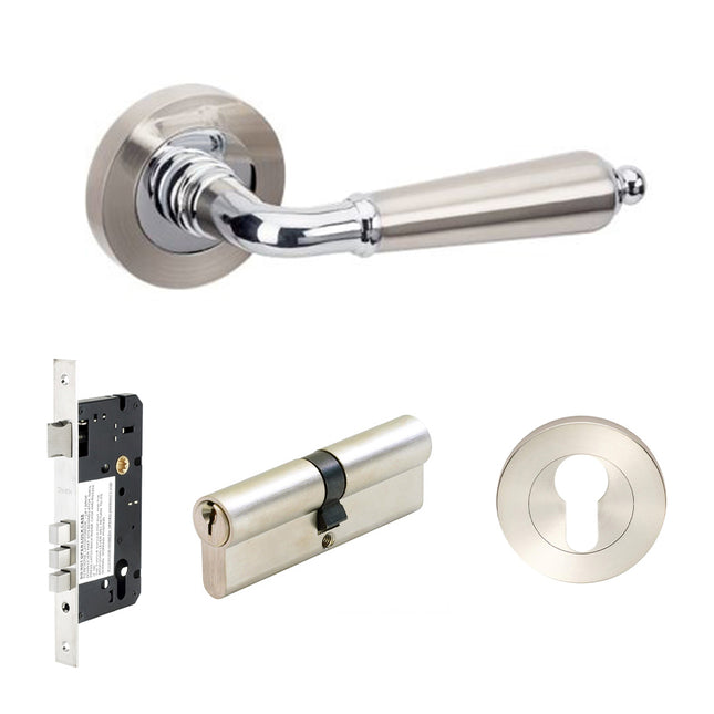 10074.1.BN/CP | Oxford Door Lever Handle on Round Rose Entrance Set 60mm Key/Key Brushed Nickel/Chrome Plate | Zanda Architectural