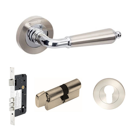 10074.2.BN/CP | Oxford Door Lever Handle on Round Rose Entrance Set 60mm Key/Turn Brushed Nickel/Chrome Plate | Zanda Architectural