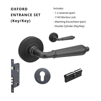 Zanda Door Handle | Designer Lever & Handle Set | Oxford Door Lever Handle on Round Rose Entrance Set 70mm Key/Key Matt Black 10074.3.BLK
