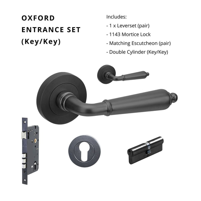 10074.3.BLK | Oxford Door Lever Handle on Round Rose Entrance Set 70mm Key/Key Matt Black | Zanda Architectural