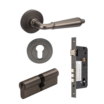Oxford Door Lever Handle on Round Rose Entrance Set 70mm (Key/Key) Graphite Nickel 100743.GN Zanda | Decorus Hardware