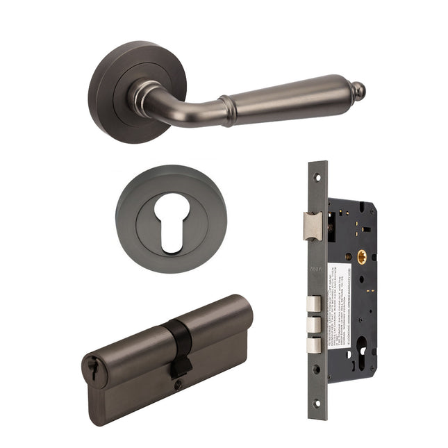 Oxford Door Lever Handle on Round Rose Entrance Set 70mm (Key/Key) Graphite Nickel 100743.GN Zanda | Decorus Hardware