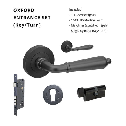 10074.4.BLK | Oxford Door Lever Handle on Round Rose Entrance Set 70mm Key/Turn Matt Black | Zanda Architectural