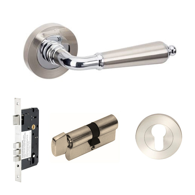 10074.4.BN/CP | Oxford Door Lever Handle on Round Rose Entrance Set 70mm Key/Turn Brushed Nickel/Chrome Plate | Zanda Architectural