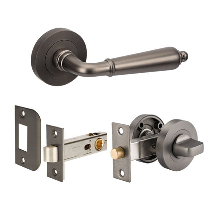 10076.GN | Oxford Door Lever Handle on Round Rose Integrated Privacy Set with Latch Graphite Nickel | Zanda Architectural