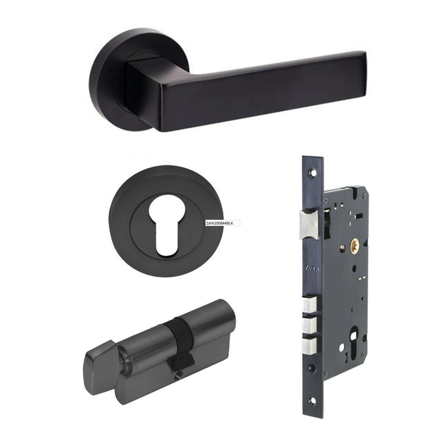 Boston Door Lever Handle on Round Rose Entrance Set 70mm (Key/Turn) Matt Black 10084.4BLK Zanda | Decorus Hardware