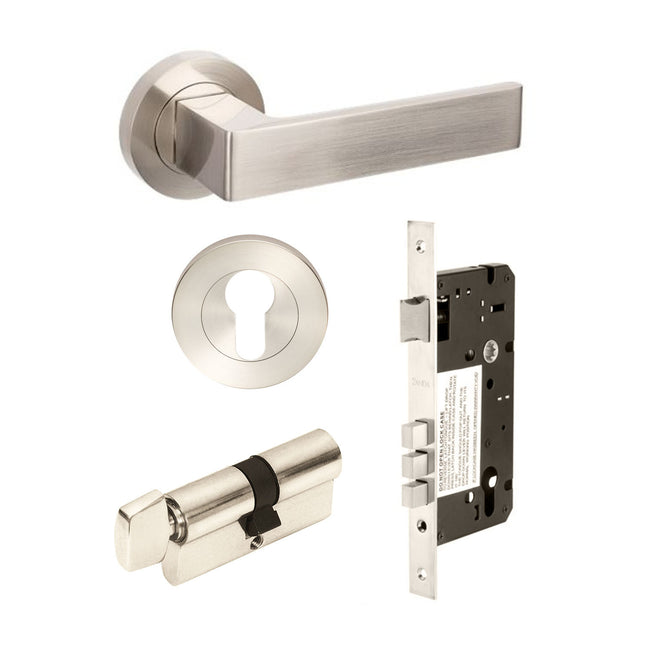 Boston Door Lever Handle on Round Rose Entrance Set 70mm (Key/Turn) Brushed Nickel 100844.BN Zanda | Decorus Hardware