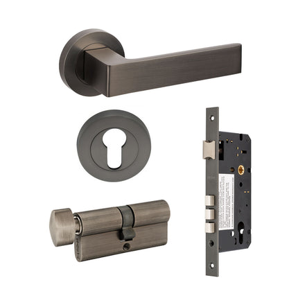 Boston Door Lever Handle on Round Rose Entrance Set 70mm (Key/Turn) Graphite Nickel 10084.4.GN Zanda | Decorus Hardware