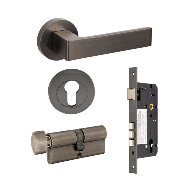 Boston Door Lever Handle on Round Rose Entrance Set 70mm (Key/Turn) Graphite Nickel 10084.4.GN Zanda | Decorus Hardware