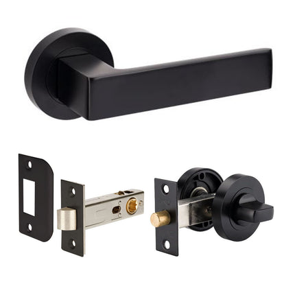 10086.BLK | Boston Door Lever Handle on Round Rose Separate Privacy Set with Latch Matt Black | Zanda Architectural