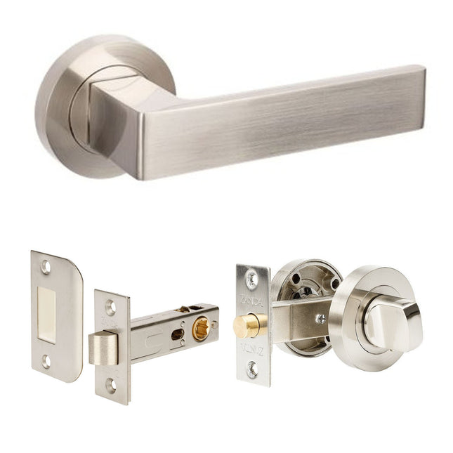 10086.BN | Boston Door Lever Handle on Round Rose Integrated Privacy Set with Latch Brushed Nickel | Zanda Architectural