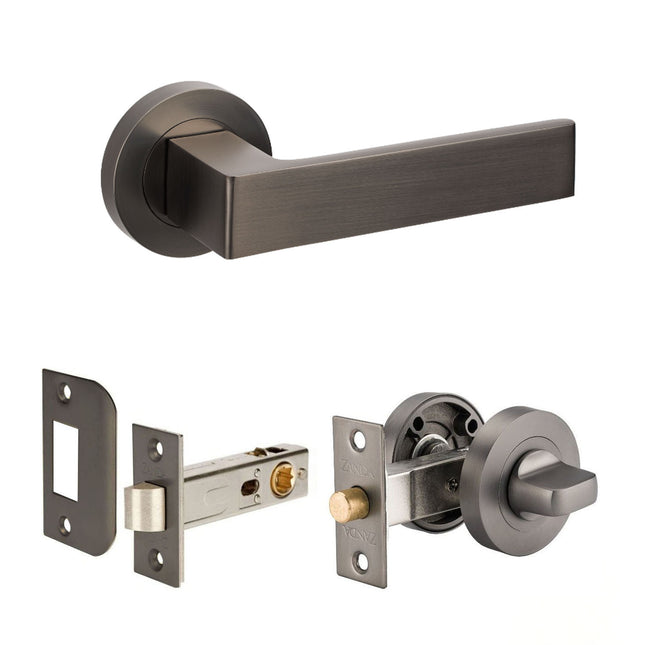 10086.GN | Boston Door Lever Handle on Round Rose Separate Privacy Set with Latch Graphite Nickel | Zanda Architectural