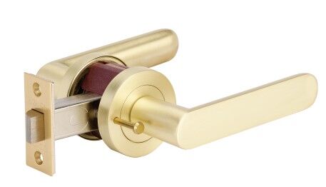 10092.SB | Duke Door Lever Handle on Round Rose Privacy Satin Brass | Zanda Architectural