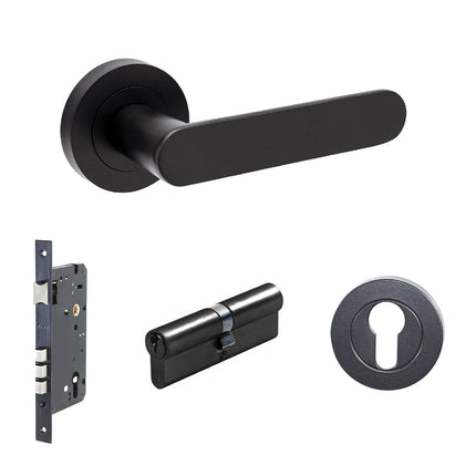 Zanda Door Handle | Designer Lever & Handle Set | Duke Lever on Round Rose Entrance Set 60mm Key/Key Matt Black 10094.1.BLK