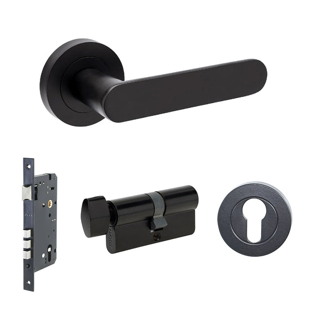 10094.4.BLK | Duke Lever on Round Rose Entrance Set 70mm Key/Turn Matt Black | Zanda Architectural